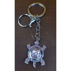 Turtle Pink Rhinestone Crystal Silver Tone Keychain Backpack Purse Clip